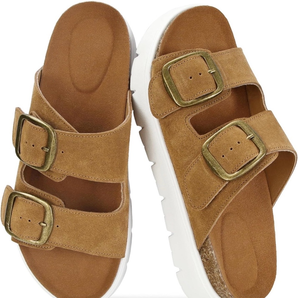 Brown Suede Slide Sandals with Brass Buckles